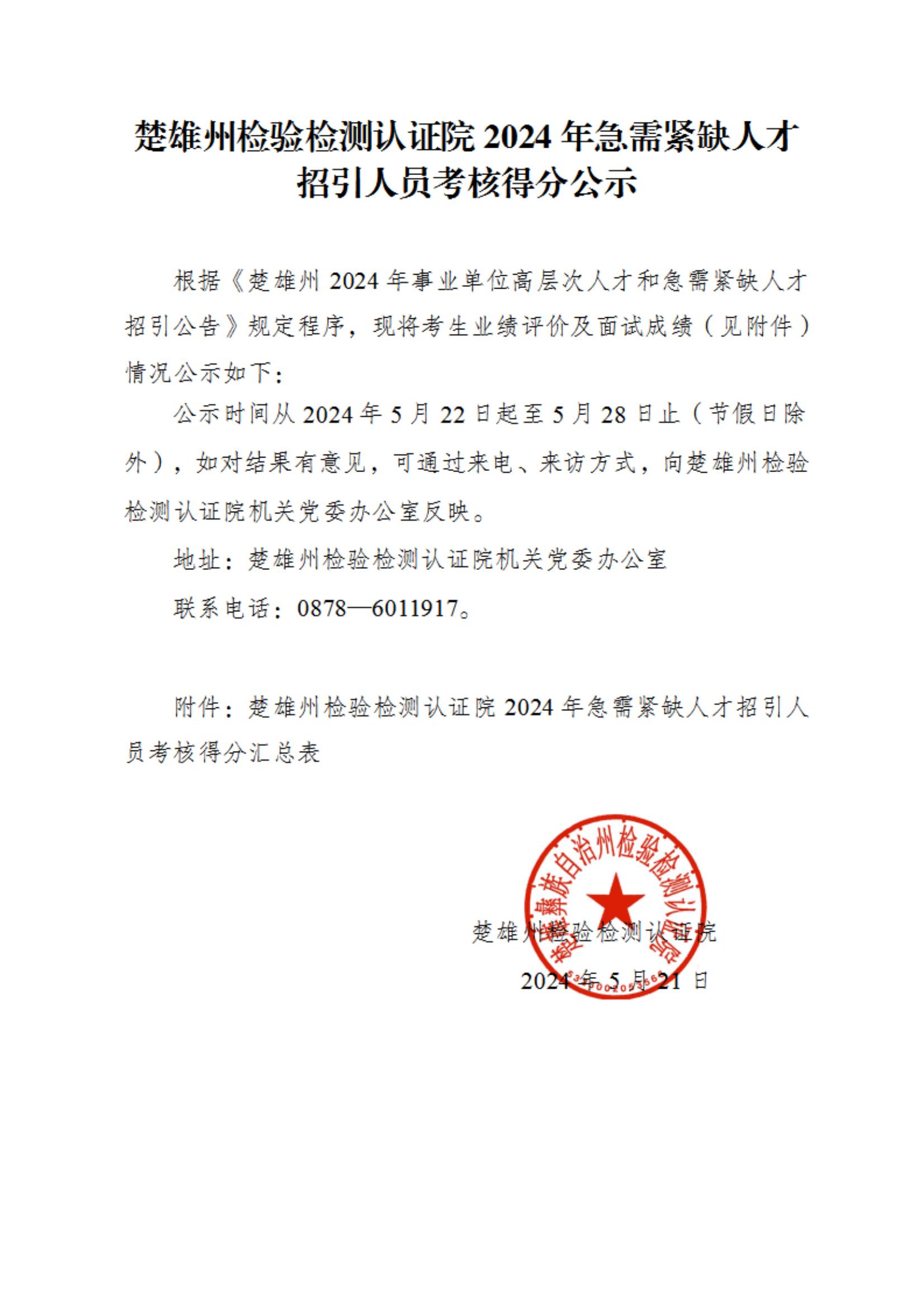 楚雄州检验检测认证院2024年急需紧缺人才招引人员考核得分公示